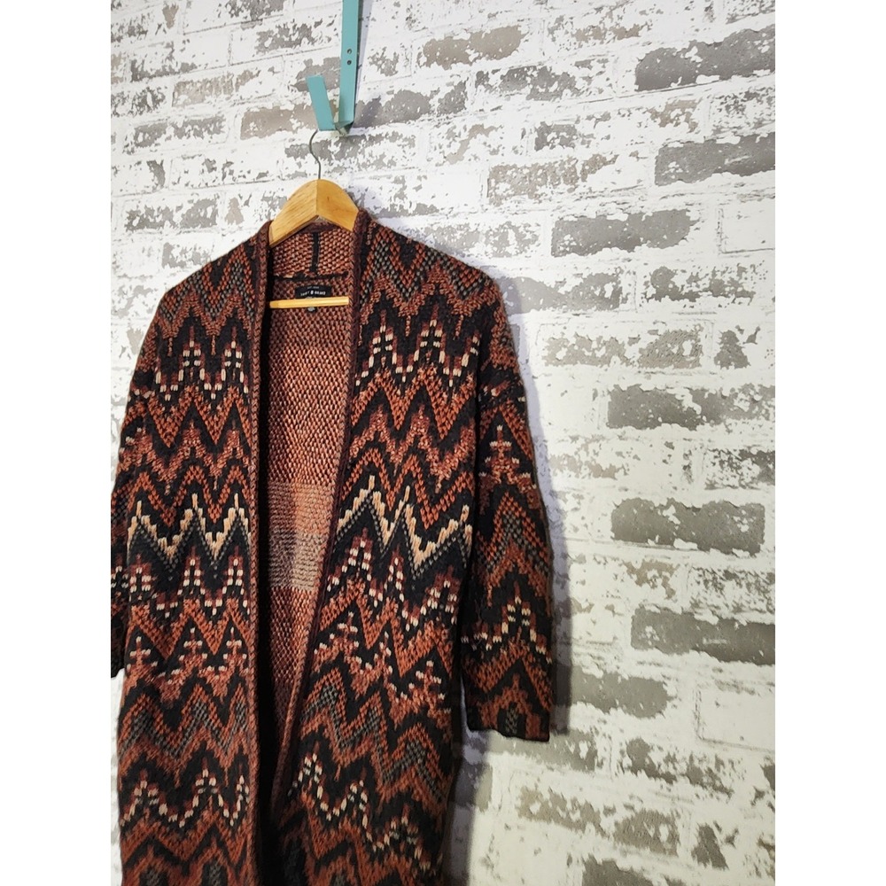 Lucky Brand Sweater Size XS Orange Black Wool Blend Aztec Long Cardigan Oversize - Picture 4 of 14